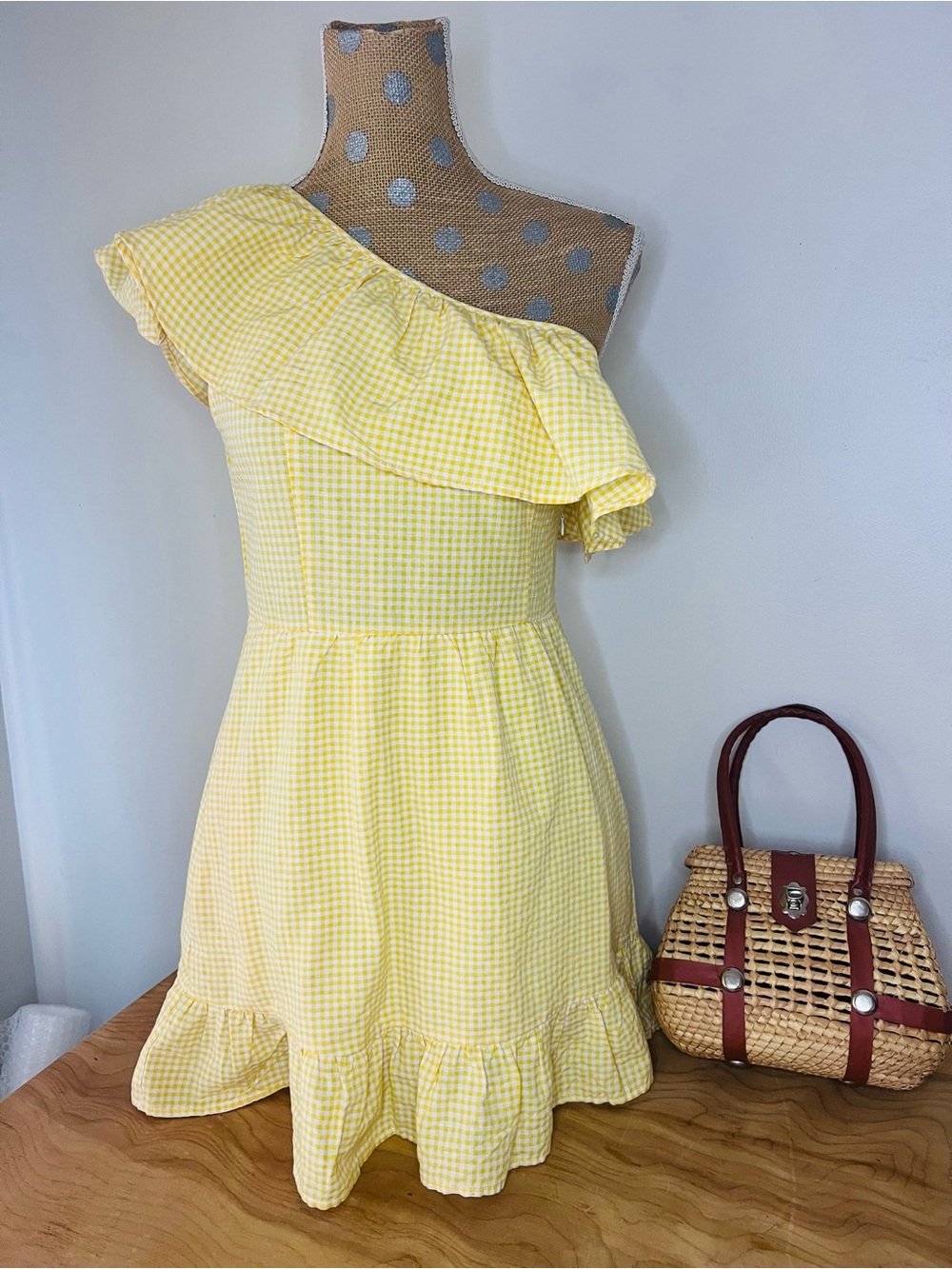 Gingham One-Shoulder Ruffle Short Dress